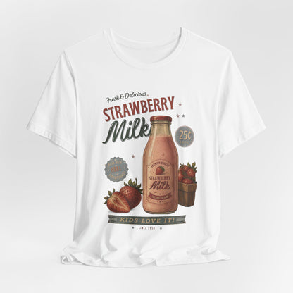 Vintage Strawberry Milk Graphic Tee | Retro 1950s Foodie Shirt