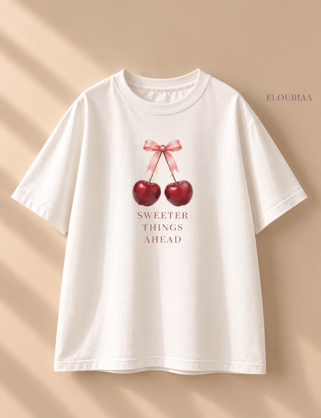 Cherry Bow Graphic Tee, Sweeter Things Ahead, Feminine Cotton T-Shirt
