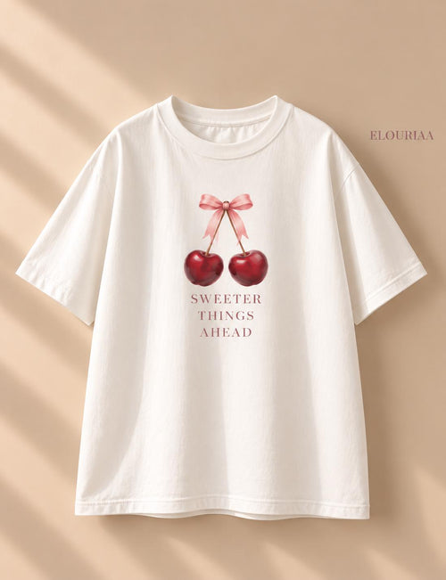 Cherry Bow Graphic Tee, Sweeter Things Ahead, Feminine Cotton T-Shirt