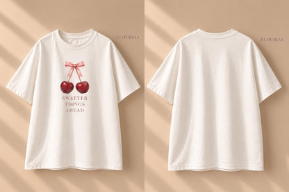 Cherry Bow Graphic Tee, Sweeter Things Ahead, Feminine Cotton T-Shirt