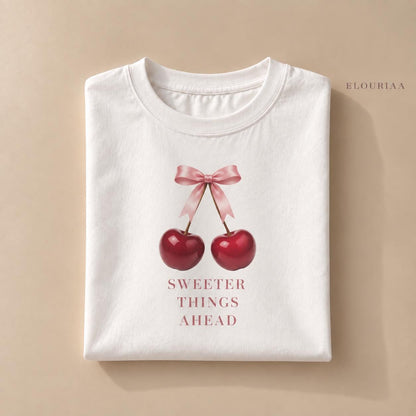 Cherry Bow Graphic Tee, Sweeter Things Ahead, Feminine Cotton T-Shirt