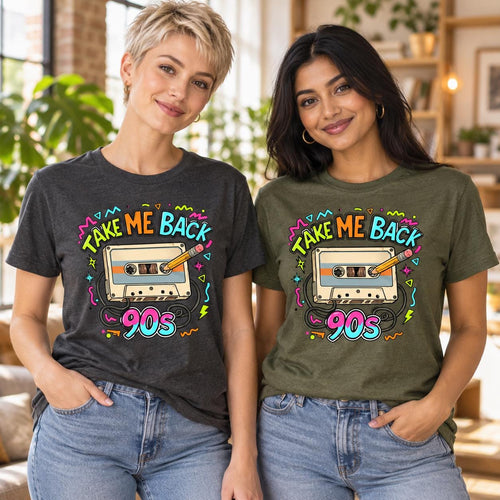 Take Me Back to the 90s Shirt, Retro Cassette Tape Graphic Tee, Neon 90s Party Outfit, Nostalgia Gift, Unisex Throwback T-Shirt