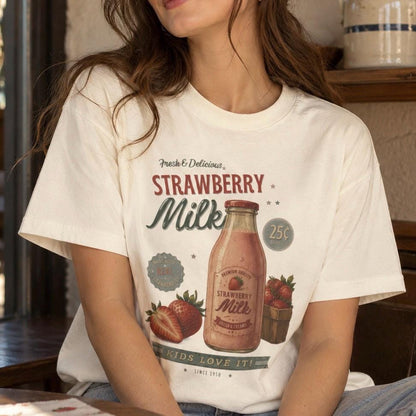 Vintage Strawberry Milk Graphic Tee | Retro 1950s Foodie Shirt
