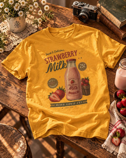 Vintage Strawberry Milk Graphic Tee | Retro 1950s Foodie Shirt