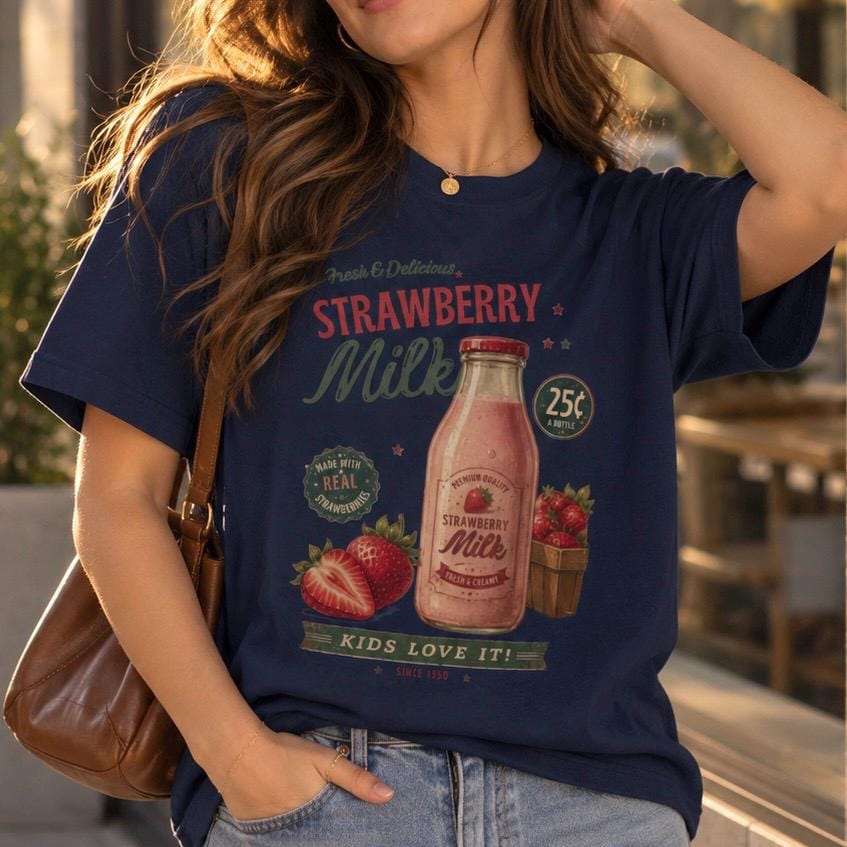 Vintage Strawberry Milk Graphic Tee | Retro 1950s Foodie Shirt