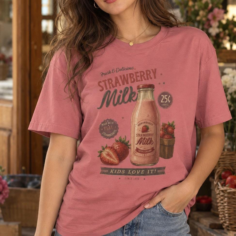 Vintage Strawberry Milk Graphic Tee | Retro 1950s Foodie Shirt