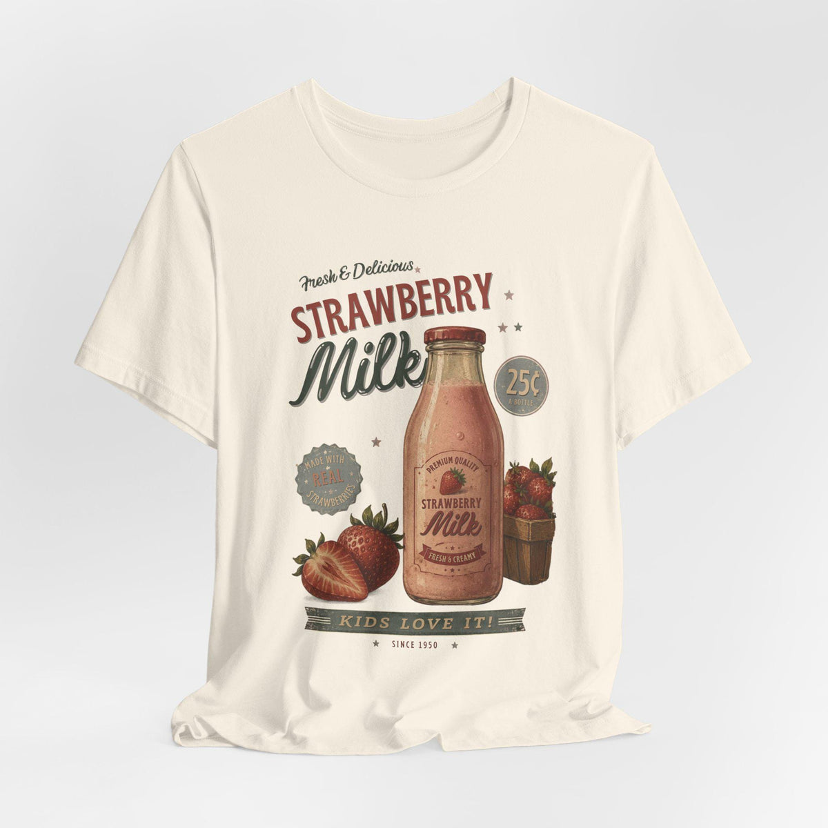 Vintage Strawberry Milk Graphic Tee | Retro 1950s Foodie Shirt