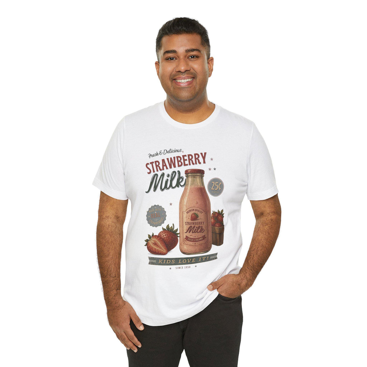 Vintage Strawberry Milk Graphic Tee | Retro 1950s Foodie Shirt