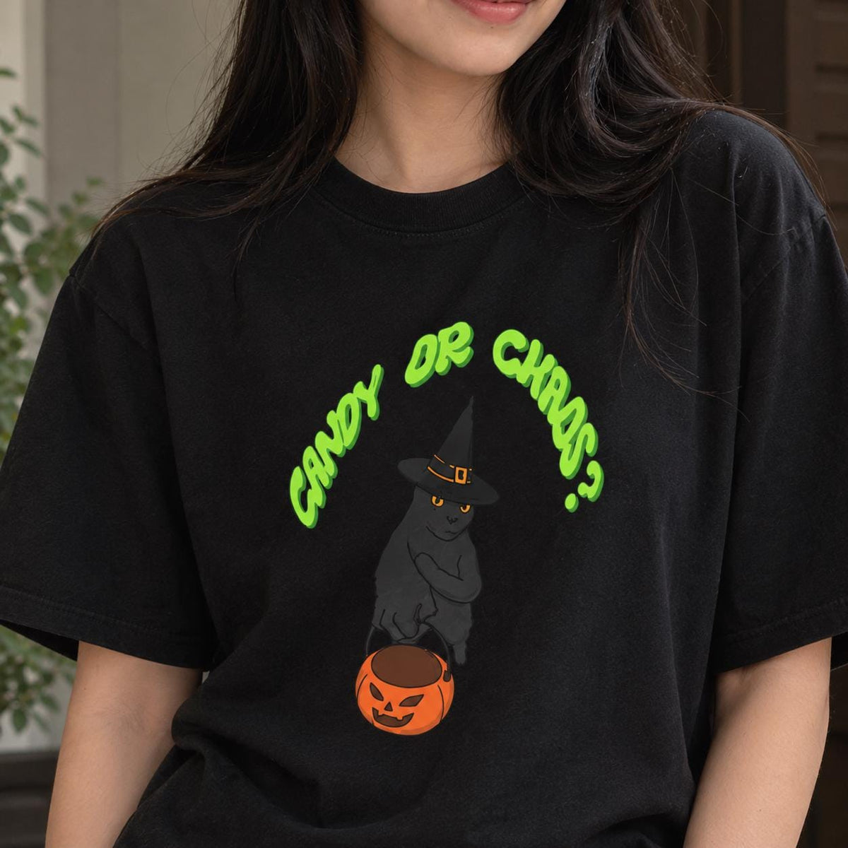 Halloween Black Cat Witch Hat Pumpkin Shirt, Candy or Chaos Graphic Tee
