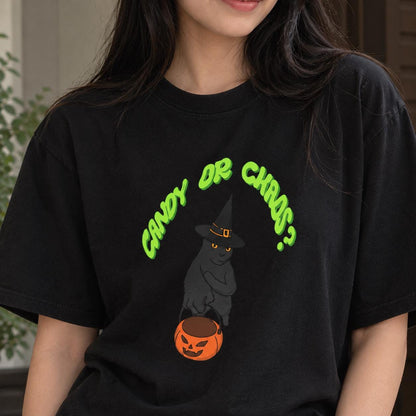 Halloween Black Cat Witch Hat Pumpkin Shirt, Candy or Chaos Graphic Tee
