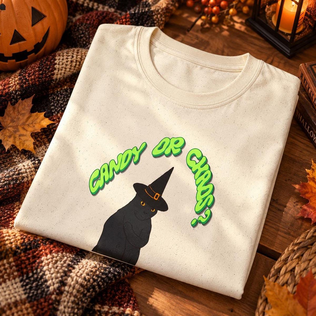 Halloween Black Cat Witch Hat Pumpkin Shirt, Candy or Chaos Graphic Tee