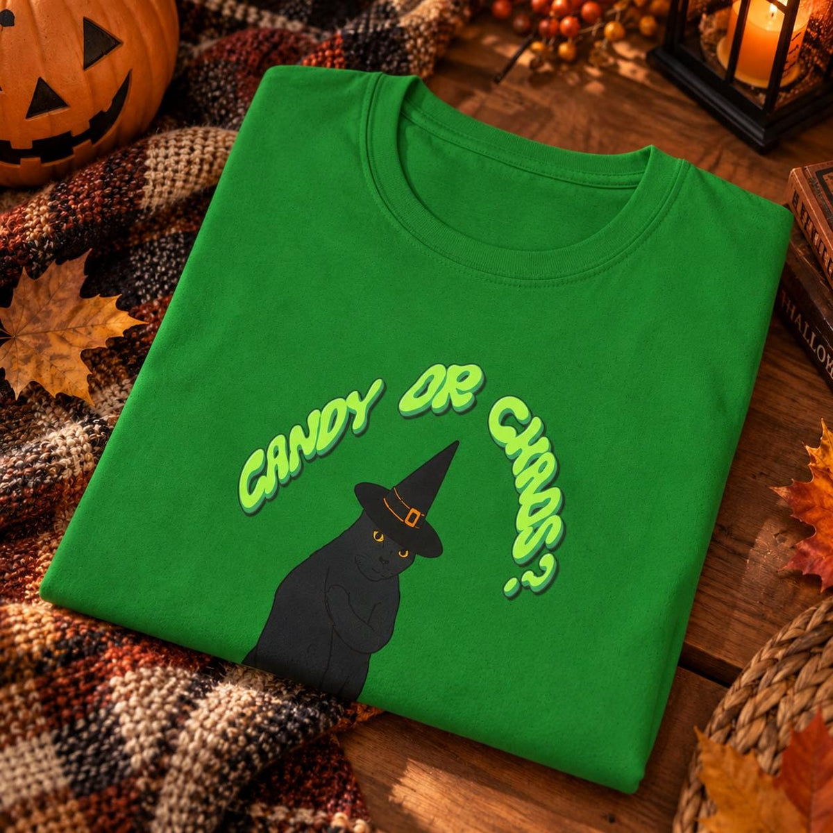 Halloween Black Cat Witch Hat Pumpkin Shirt, Candy or Chaos Graphic Tee
