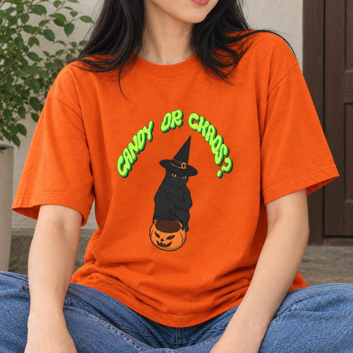 Halloween Black Cat Witch Hat Pumpkin Shirt, Candy or Chaos Graphic Tee